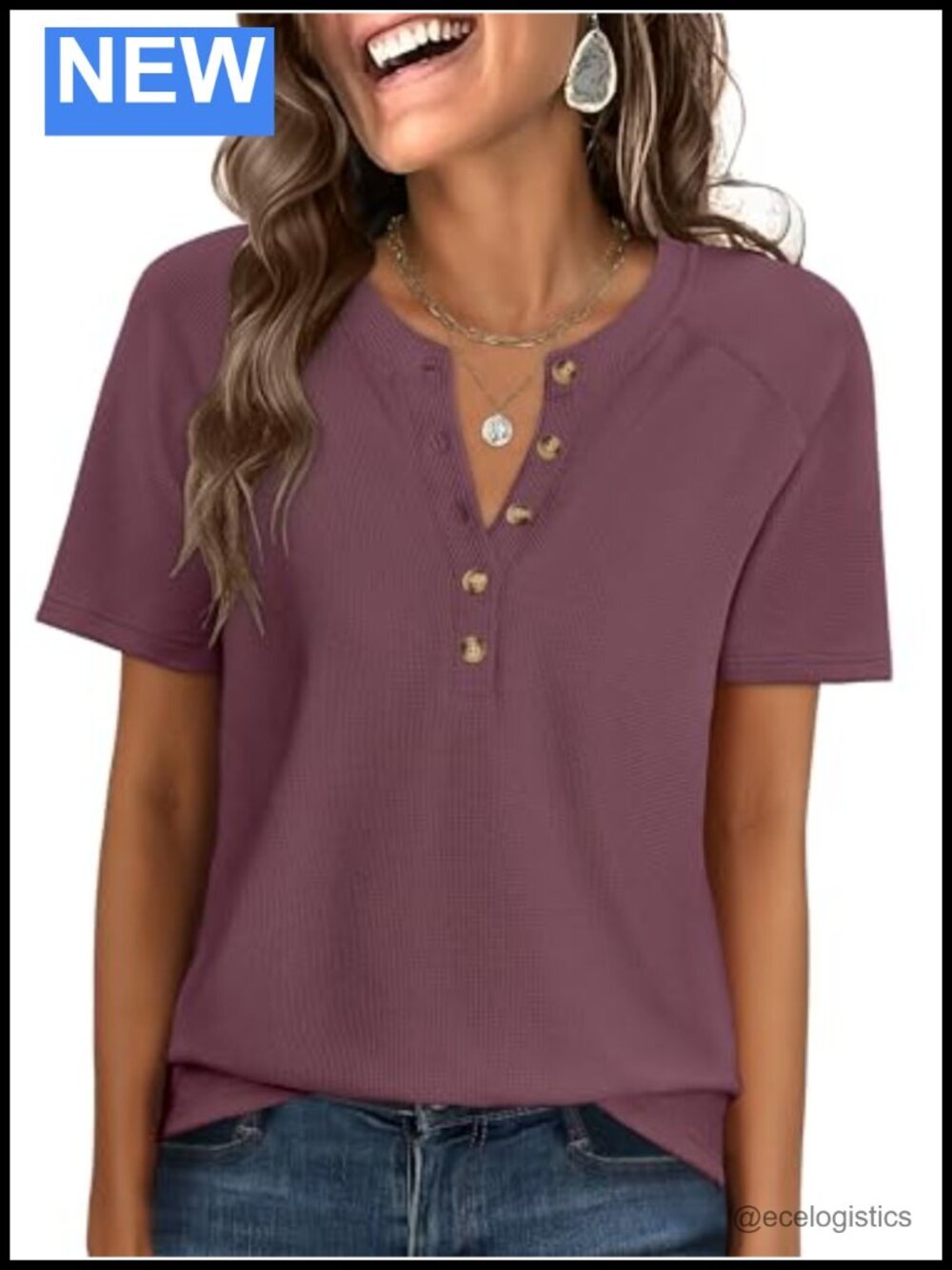 Waffle Knit Short Sleeve Henley Shirt Dressy Casual Blouse